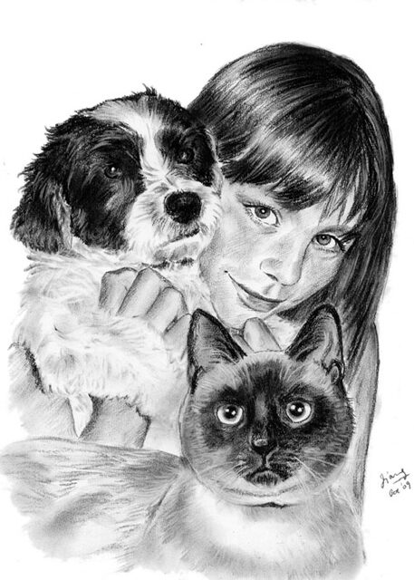 Girl dog and cat